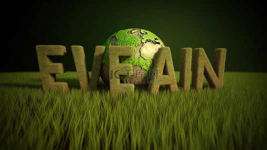 拼色字母背景图片_绿色草地 3D 渲染拼出“素食”，象征着地球友好的生活