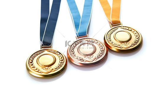 白色背景的 3D 渲染，包含三枚金牌银牌和铜牌套装