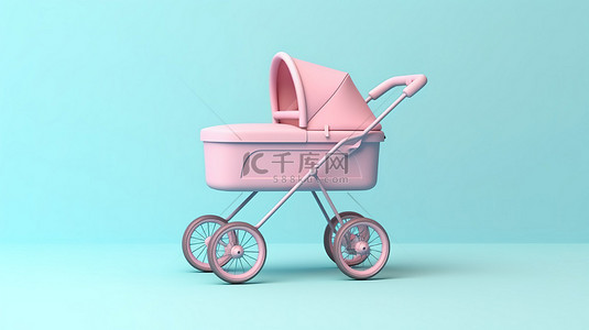 粉红色背景展示蓝色当代婴儿车婴儿车和婴儿车 3D 渲染模型