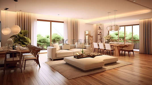 现代生活空间 3D 渲染，配有沙发和用餐区