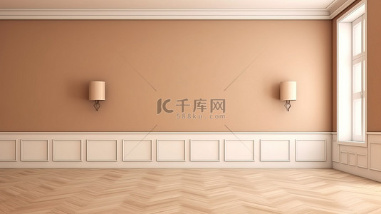 木地板客厅背景图片_房间装饰理念中棕色墙壁背景下白色镶木地板的 3D 渲染