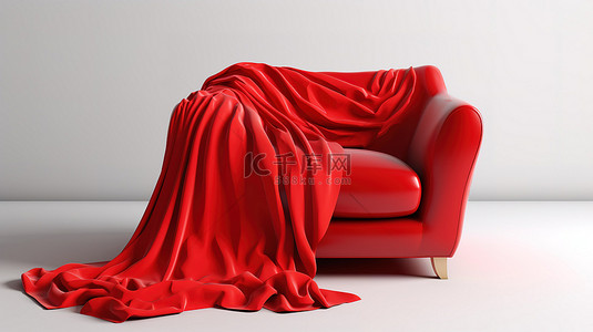 豪华的红色缎面投掷覆盖在 3D 渲染的白色扶手椅上