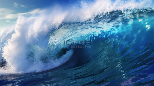 蓝色水溅和泡沫大海浪的 3d 渲染