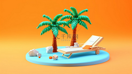 度假氛围蓝色背景与低聚岛棕榈树和日光躺椅 3D 渲染