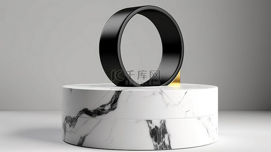 极简主义的黑白大理石基座台阶在 3d 渲染与金戒指和干净的设计
