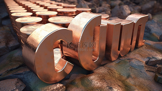 商品铜条硬币和石柱上刻字 cu 的 3D 插图