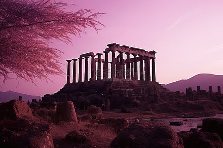 紫色的光芒背景图片_赫菲斯托斯神庙的废墟被紫色的光芒照亮