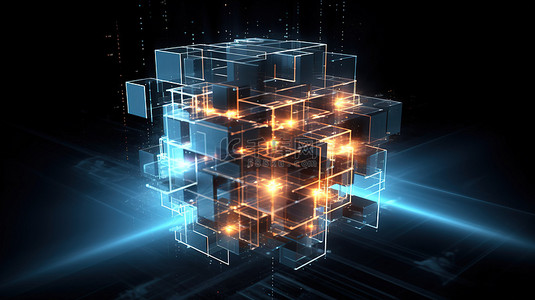 深色背景上的未来派 3D 立方体，具有强烈的光线和线框引人注目的科幻设计