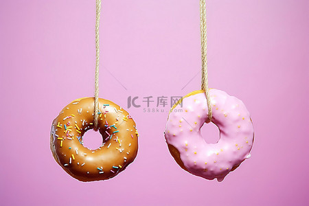 两个创意名片背景图片_粉色背景上的绳子上挂着两个釉面甜甜圈
