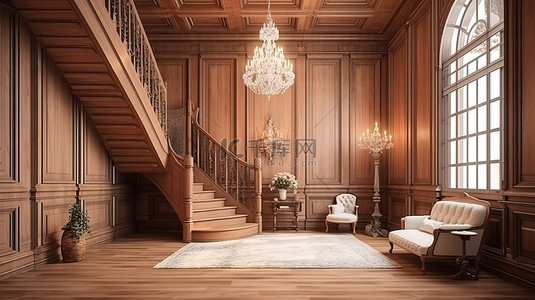 天花板客厅背景图片_高天花板客厅，暖色调复古木材和 3D 渲染的枝形吊灯装饰