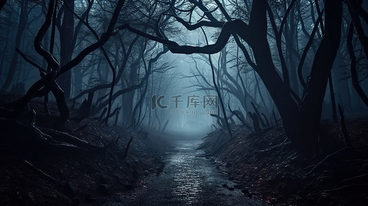 怪异的森林扭曲的树木晨雾和 3D 渲染的神秘感