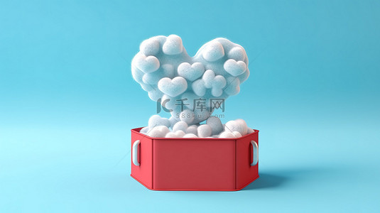 情人节礼物艺术字背景图片_3D 渲染的礼品盒中的心，蓝色背景上有云，非常适合情人节