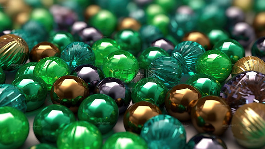 充满活力的绿色糖衣宝石巧克力糖果的 3D 插图