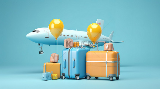 旅行必需品行李飞机气球太阳镜帽子和相机在蓝色背景 3d 渲染