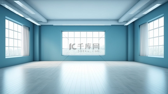 当代极简主义空间 一个空房间的真实 3D 渲染，带有宁静的蓝色墙壁