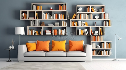 沙发书柜背景图片_客厅墙上的空白画布，配有 3D 室内设计草图中的书柜和沙发