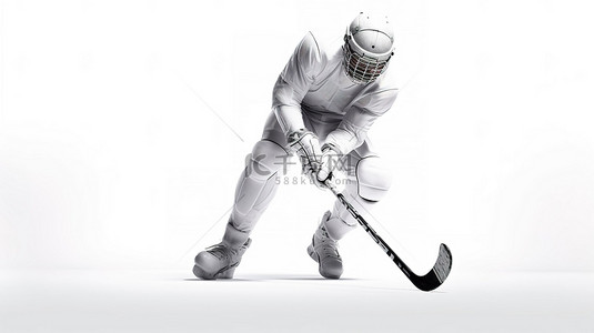 一名男性曲棍球运动员用棍子击球的白色背景 3D 渲染
