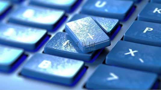 白色 PC 键盘上极端特写的蓝色披萨键的 3D 渲染