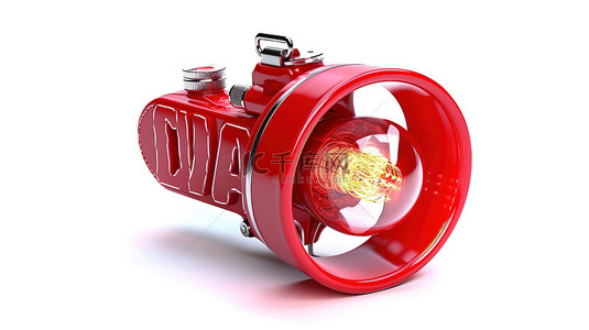 孤立的白色 3D 相机字由老式红色灯泡刻字制作而成