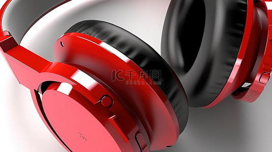 3d 渲染白色背景红色无线耳机的极端特写