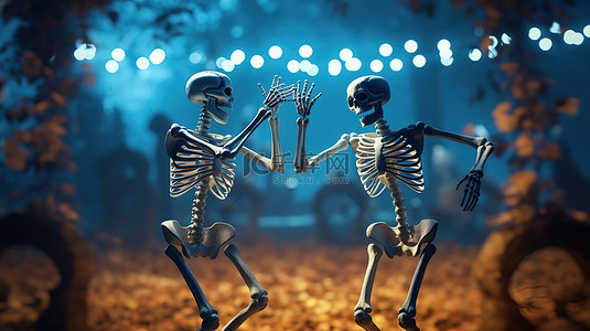 跳舞僵尸背景图片_万圣节噩梦 3D 渲染的骷髅在闹鬼的墓地里跳舞