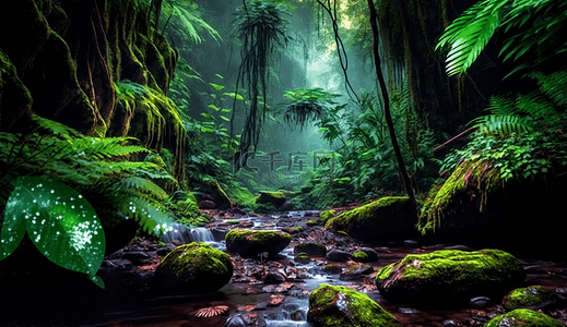 森林雨中的森林自然背景
