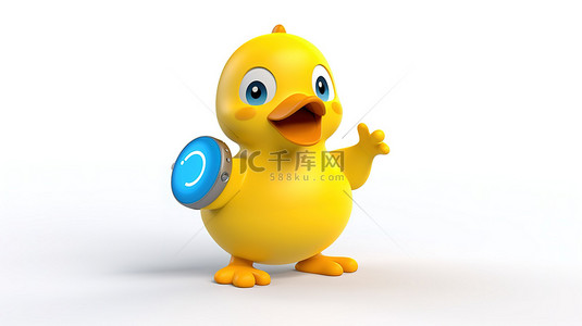 3D 渲染可爱的黄色卡通鸭吉祥物人，在白色背景上戴着蓝色健身追踪器