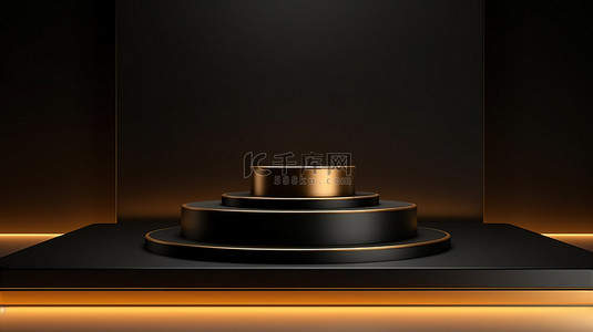 黑金舞台背景图片_用于展示广告产品的豪华黑色和金色讲台舞台的 3D 渲染