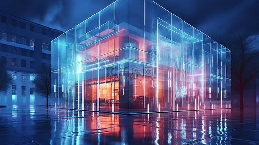 科幻城市背景图片_3D 渲染玻璃建筑外观，带有时尚的白色霓虹灯装饰