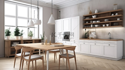 室内渲染图背景图片_带餐桌的老式斯堪的纳维亚厨房的精美 3D 渲染图