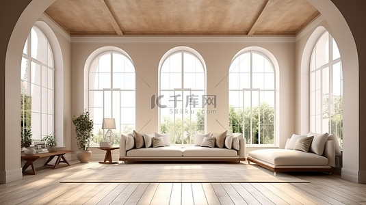 现代家具风格背景图片_经典内饰的现代风格，配有现代家具和 3D 渲染的拱形窗户