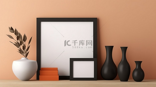 棕色画框背景图片_棕色架子，带有倾斜的黑色相框 3D 渲染空模型模板