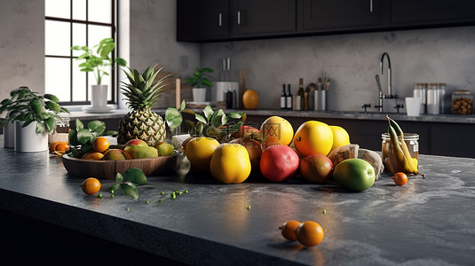 现代厨房里光滑的混凝土台面上展示着充满活力的水果，令人耳目一新