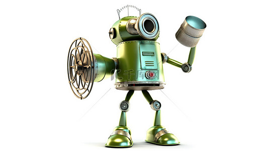 绿色老式机器人人物的 3D 插图，手持扩音器，隔离在白色背景上