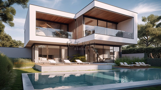 花家居背景图片_现代家居设计 3D 模型，包含多层游泳池和郁郁葱葱的花园