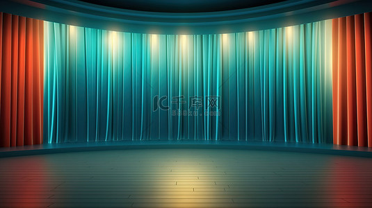 拉开的幕布背景图片_舞台或地板模板上剧院窗帘的 3D 渲染插图
