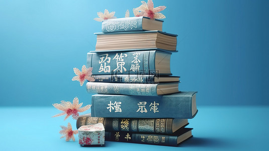 蓝色的书籍背景图片_蓝色背景日语书籍的 3d 渲染
