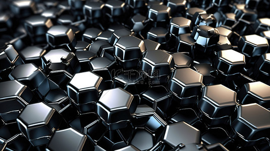 十六角形背景图片_黑色化学抽象背景 3d 渲染中六角金属分子的极端特写