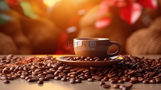 背景咖啡豆背景图片_一杯热气腾腾的现煮咖啡和逼真的咖啡豆，背景为 3D 渲染