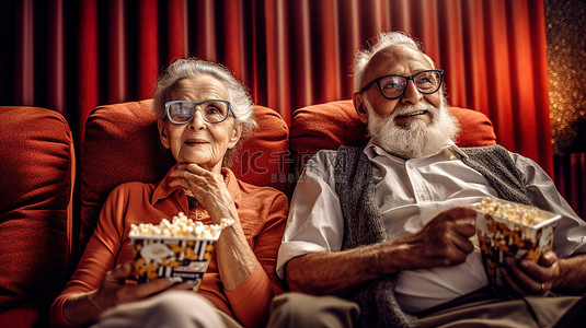 老夫妇躺在家里的沙发上享受爆米花 3D 电影