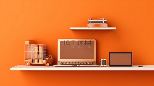 橙色架子横幅背景上数字设备笔记本电脑手机和平板电脑的 3D 插图