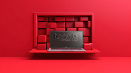 红色架子背景横幅上的笔记本电脑的 3D 插图