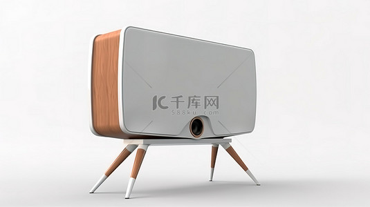 电子屏样机背景图片_木腿上的铝制复古电视 3D 渲染中的未来时髦屏幕电视样机