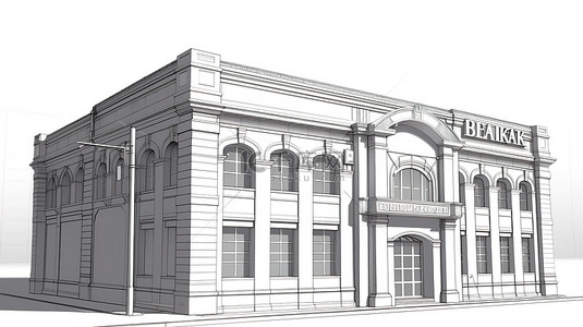 办公室插画背景图片_具有独立背景和剪切路径的 3D 渲染中的银行建筑结构