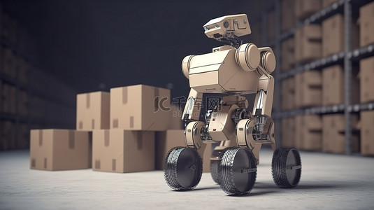 物流货物背景图片_搬运纸箱的机器人仓库工人 3d 渲染图像