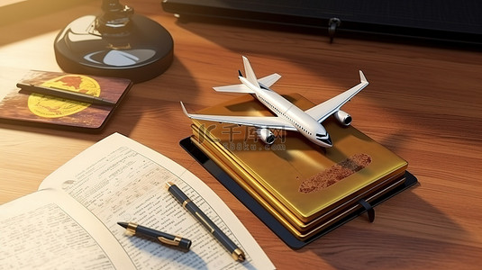 穿越天空的飞机护照票和木桌上的书写用具