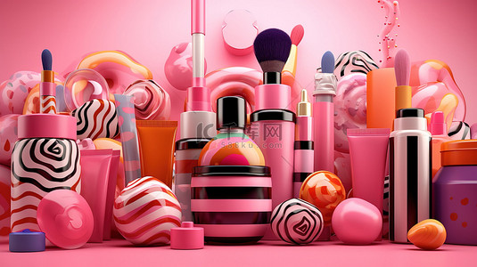 粉红色背景上以彩色图案排列的化妆品的充满活力的 3D 插图