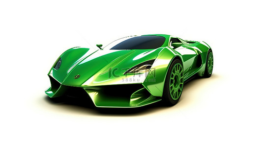 豪华车背景背景图片_在白色背景上以 3D 呈现的绿色环保超级跑车