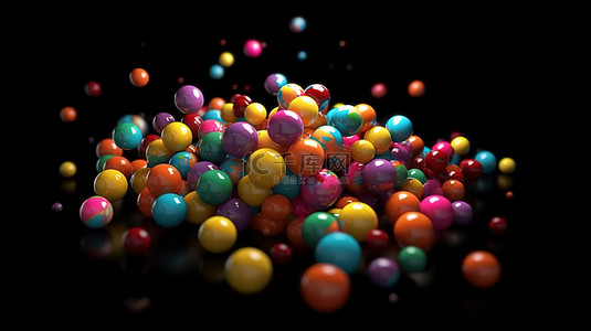 充满活力的糖果色球体在 3D 插图中的神秘背景下下降
