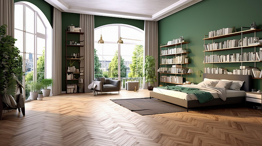 宽敞的城市主卧室令人惊叹的 3D 渲染，配有木地板和清爽的绿色墙壁，全景